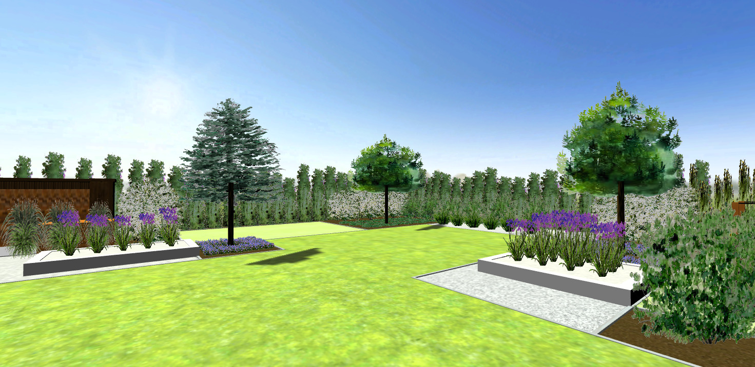 Ogród nowoczesny z regularnymi rabatami roślinnymi - wizualizacja projektu