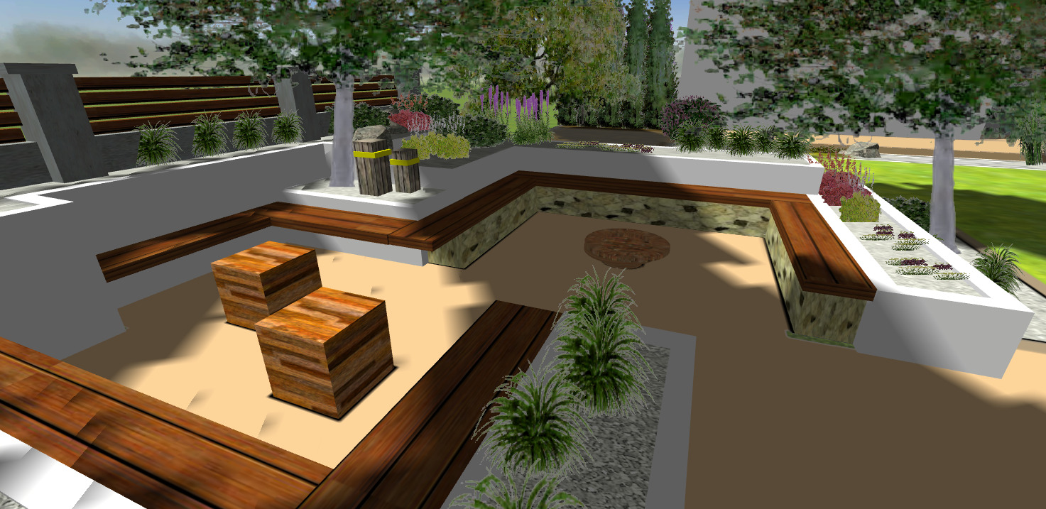 Strefa wypoczynkowa w ogrodzie z paleniskiem - wizualizacja projektu