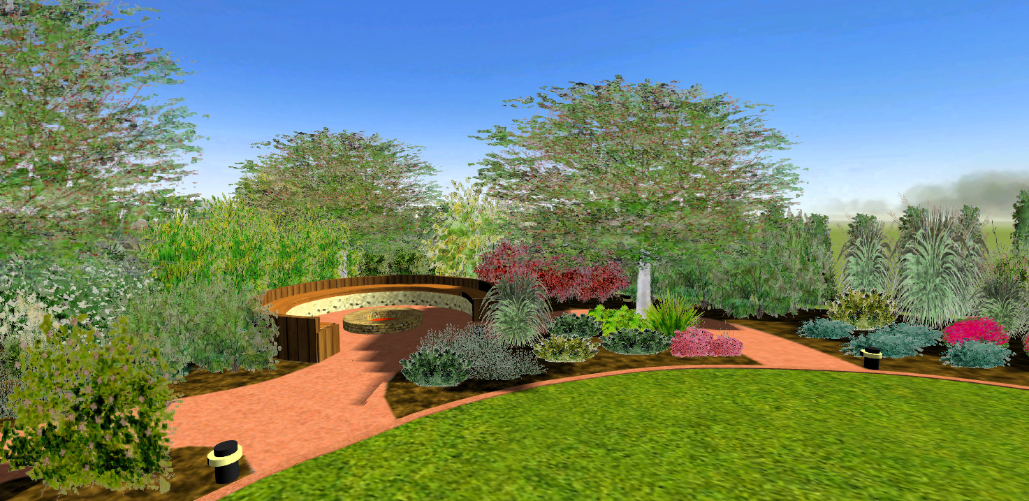 Strefa wypoczynku w ogrodzie z paleniskiem otoczonym drewnianym siedziskiem na planie okręgu - wizualizacja projektu