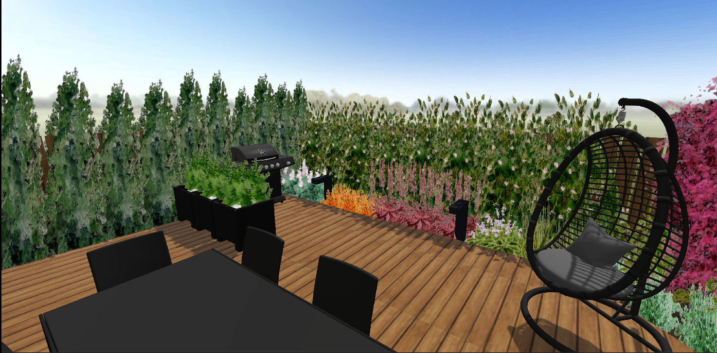 Wiszący fotel ogrodowy na drewnianym tarasie - wizualizacja projektu