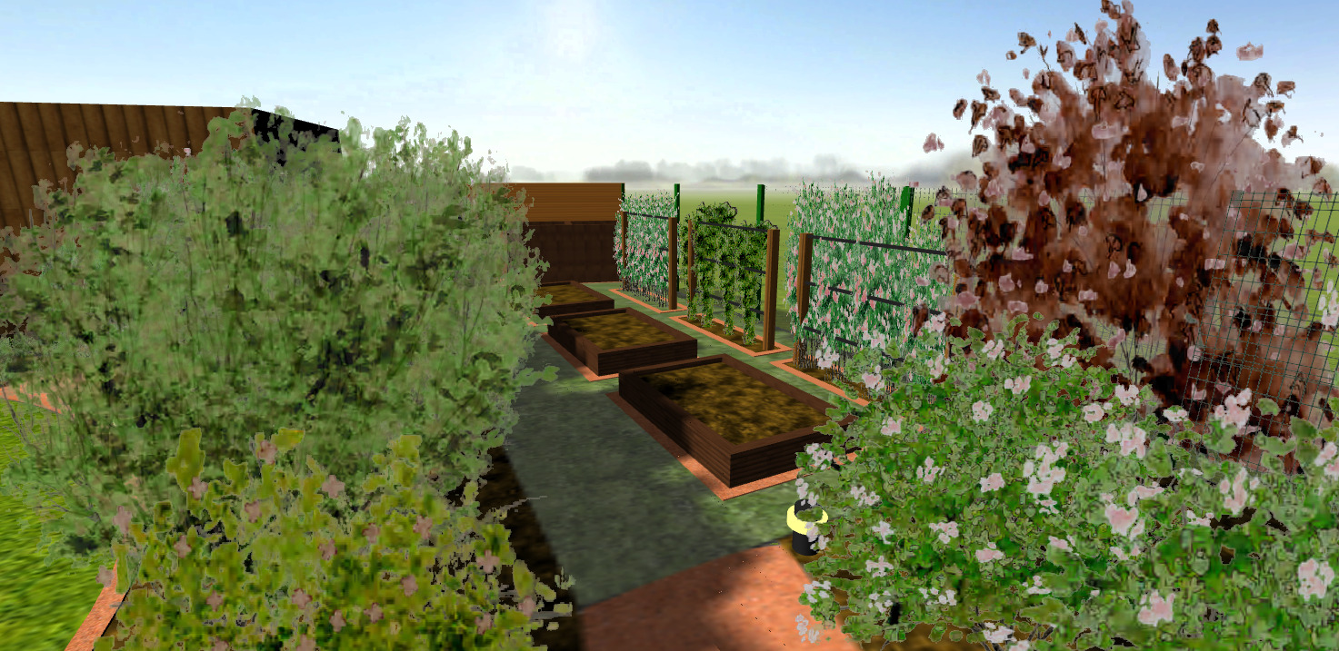 Strefa ogrodu użytkowego - podniesiona rabata warzywna i krzewy owocowe - wizualizacja projektu