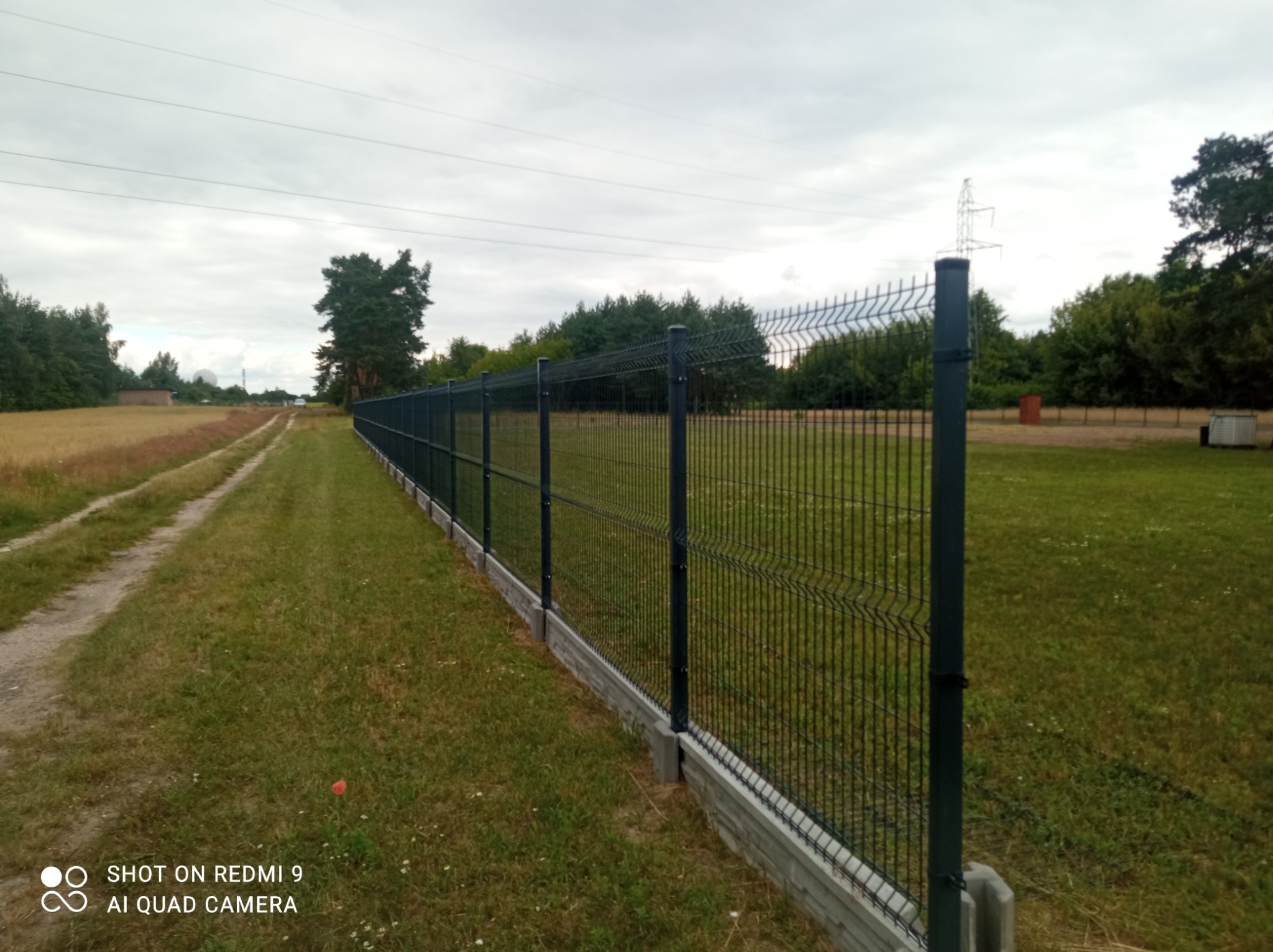 Długa, ciemna ogrodzenie panelowe z betonową podmurówką, biegnące wzdłuż polnej drogi, z widocznymi słupami i siatką, na tle łąki i drzew.