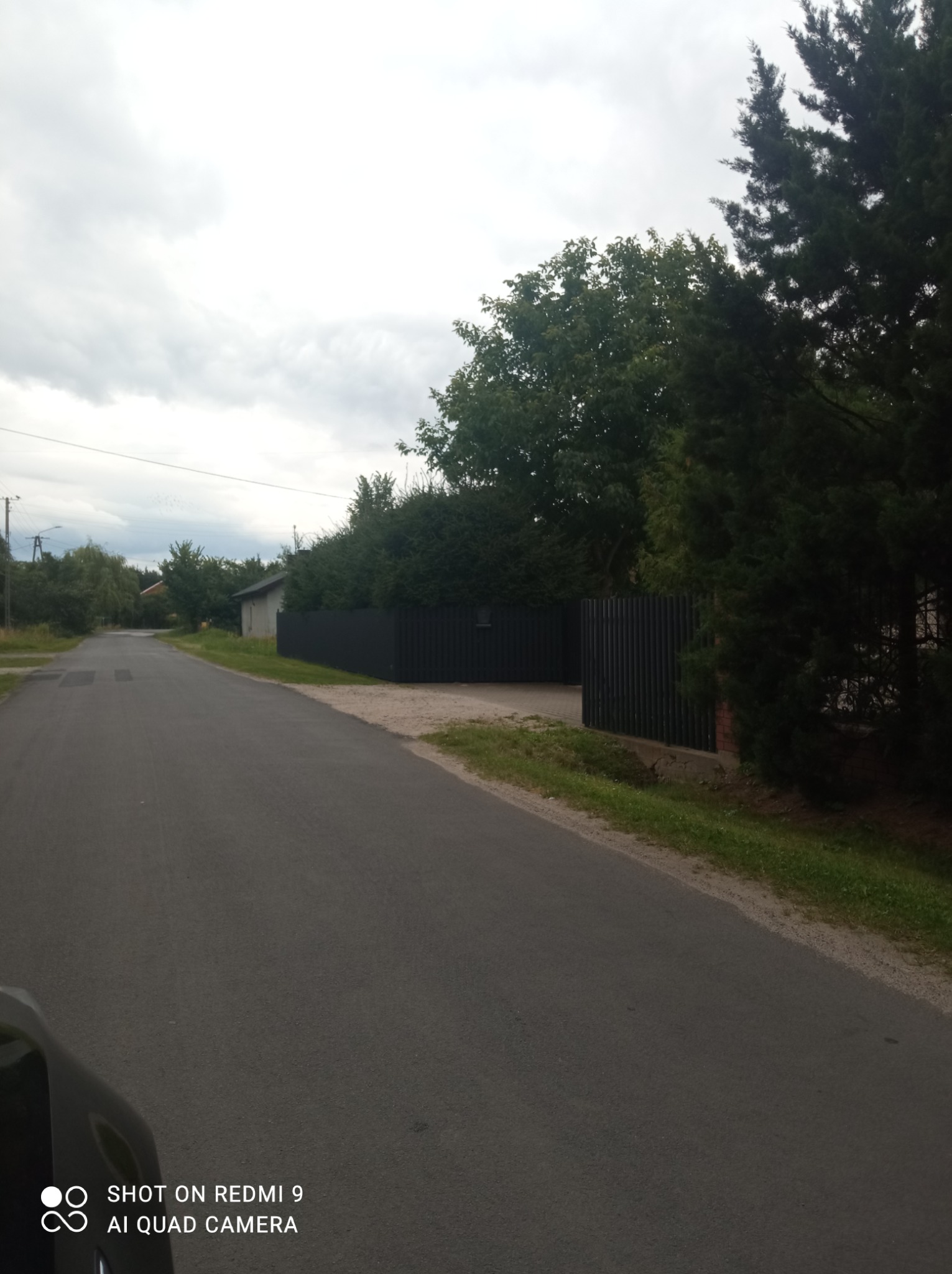 Długa, ciemna, metalowa konstrukcja o pionowych panelach, prawdopodobnie ogrodzenie, biegnąca wzdłuż drogi w obszarze wiejskim, częściowo zasłonięta przez drzewa i krzewy.