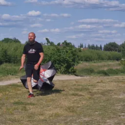 Mężczyzna z brodą w czarnej koszulce z nadrukiem biegnie po trawiastym terenie ciągnąc za sobą zwinięty latawiec treningowy, w tle drzewa i dom.