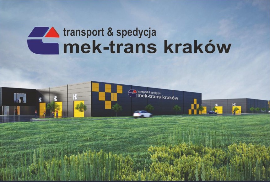 Wizualizacja nowoczesnego kompleksu magazynowego z logo firmy transportowo-spedycyjnej 'mek-trans kraków' na elewacji, otoczonego zielenią i z przejeżdżającym samochodem.