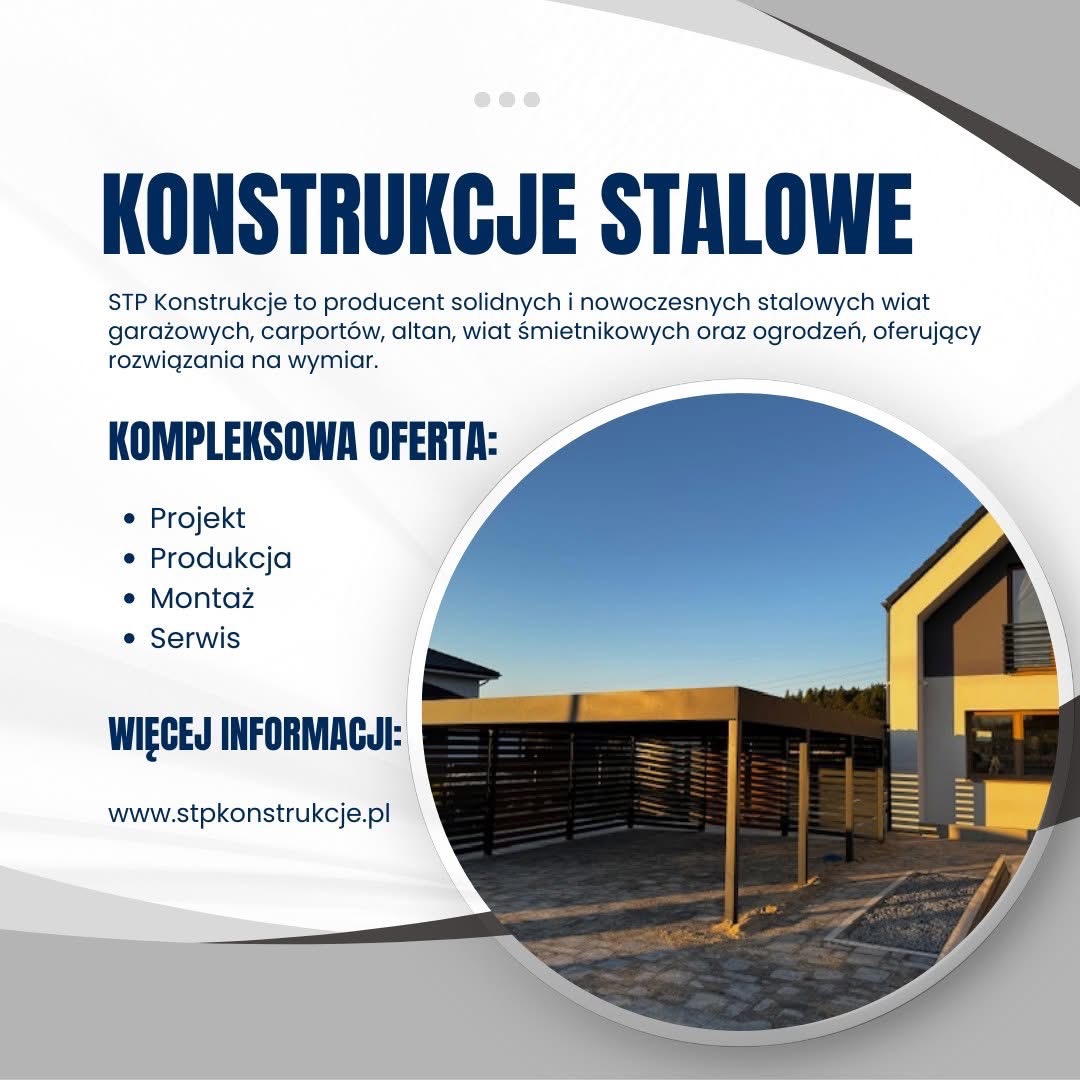 Stylowa wiata garażowa z metalową konstrukcją, prezentowana na tle błękitnego nieba i nowoczesnego domu. Grafika reklamowa z ofertą firmy.