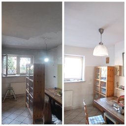 Sąsiad z Wawra - Zdjęcie przedstawia metamorfozę wnętrza kuchni: po lewej stronie widok przed odświeżeniem z surowym, częściowo zagruntowanym sufitem i gołą żarówką, po prawej stronie odnowione wnętrze...