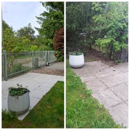 Sąsiad z Wawra - Zdjęcie 'przed i po' mycia kostki brukowej w Warszawie. Po lewej czysta kostka, po prawej zabrudzona, zarośnięta. Widoczne donice i ogrodzenie.