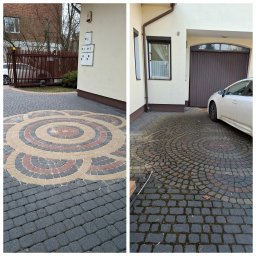 Sąsiad z Wawra - Porównanie kostki brukowej przed i po czyszczeniu: po lewej czysta, z wzorem w okręgi, po prawej zabrudzona, z widocznym wężem do myjki ciśnieniowej.