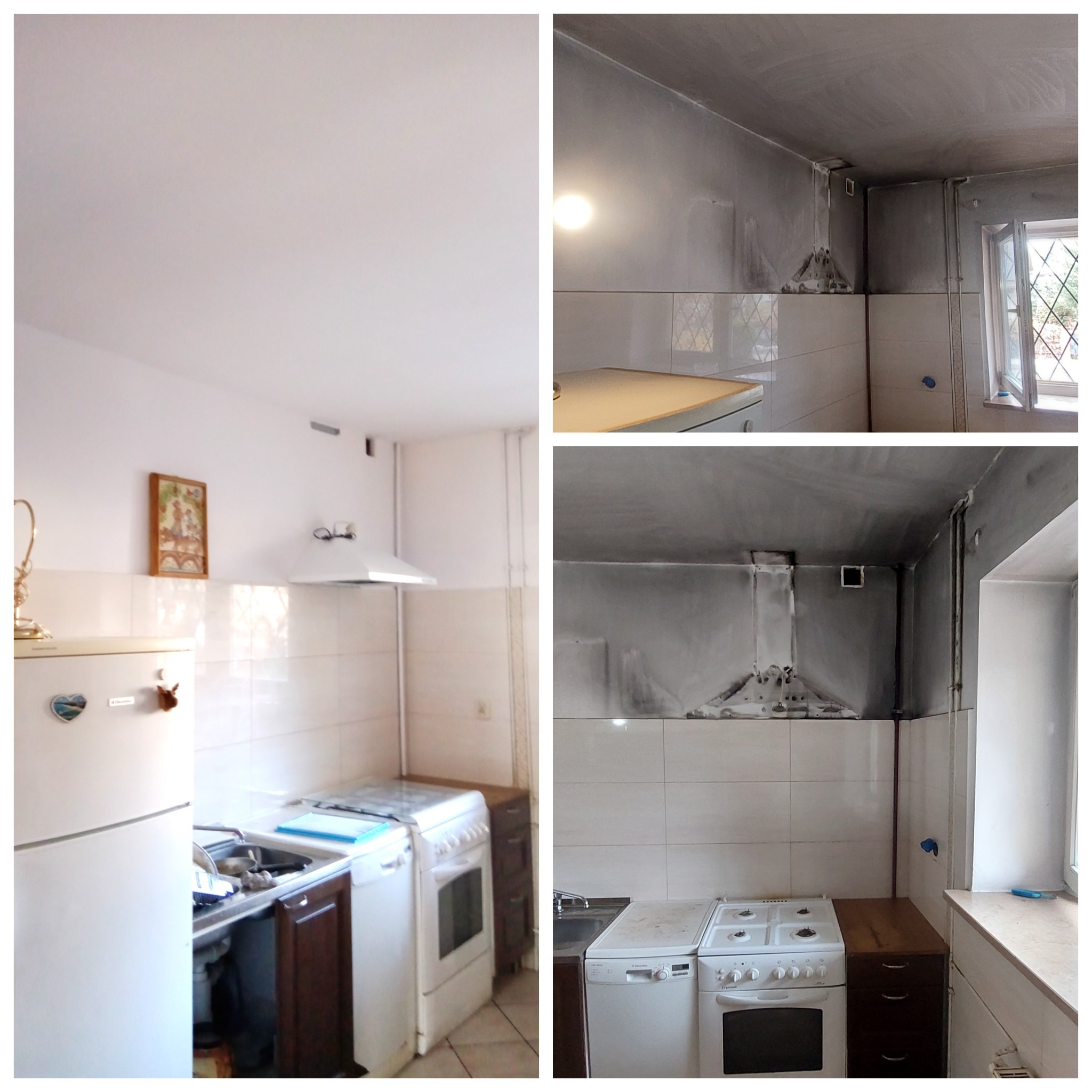 Kuchnia w trakcie malowania: widoczne fragmenty pomalowanego sufitu i ścian na szaro, kontrastujące z białą glazurą i sprzętami AGD, w tle okno z widokiem na zieleń.