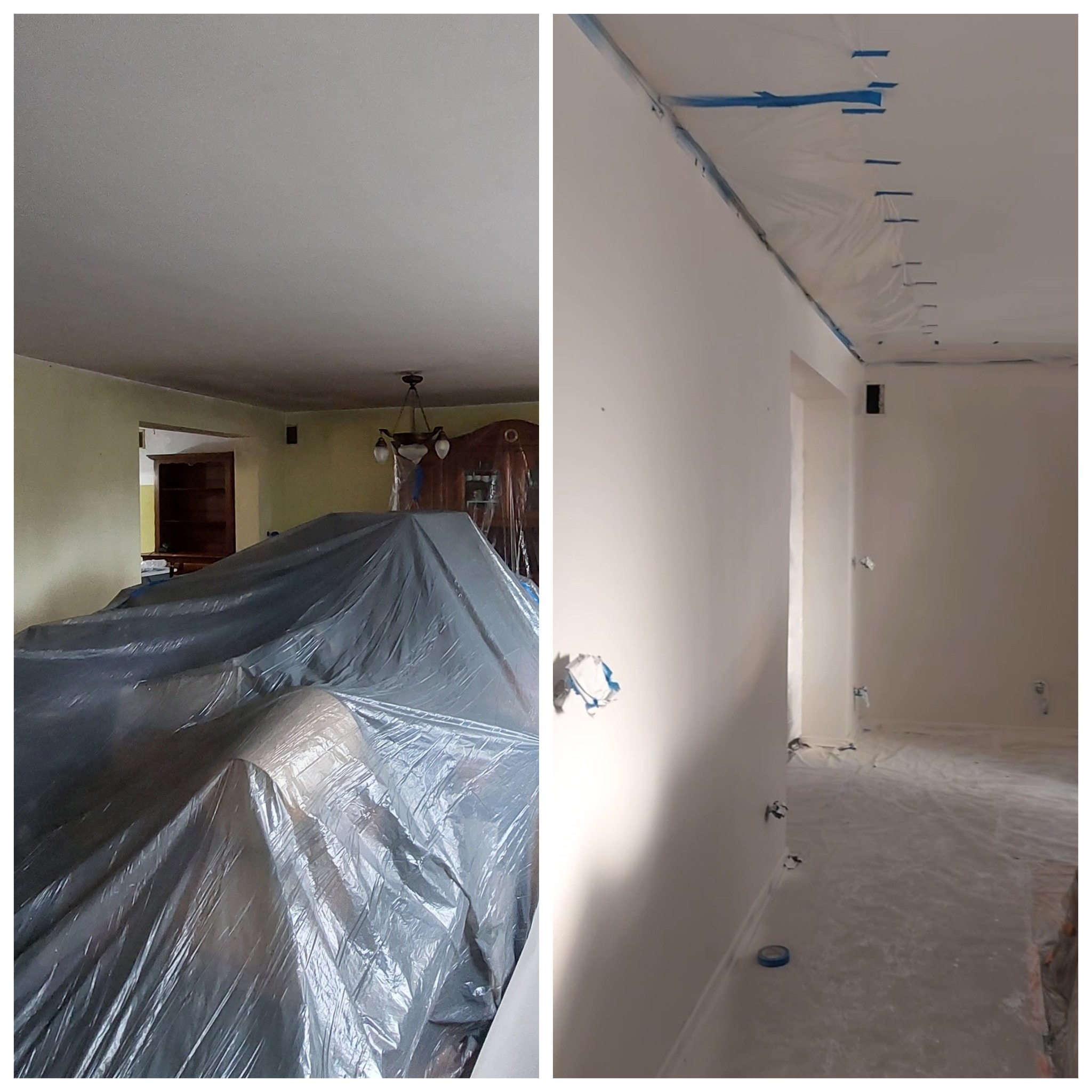 Pokój w trakcie renowacji: meble zabezpieczone folią, ściany świeżo pomalowane na biało, widoczne taśmy malarskie i gniazdka elektryczne przygotowane do dalszych prac.