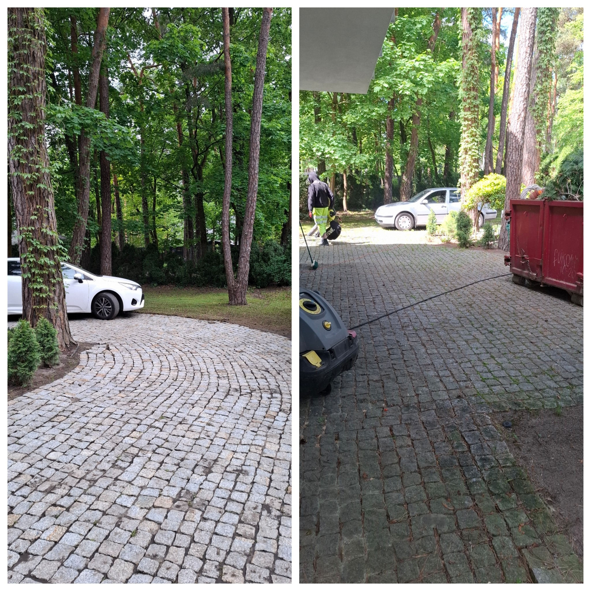 Zdjęcie kostki brukowej przed i po myciu. Po lewej stronie kostka brukowa jest czysta, po prawej widać pracownika i myjkę ciśnieniową podczas pracy.