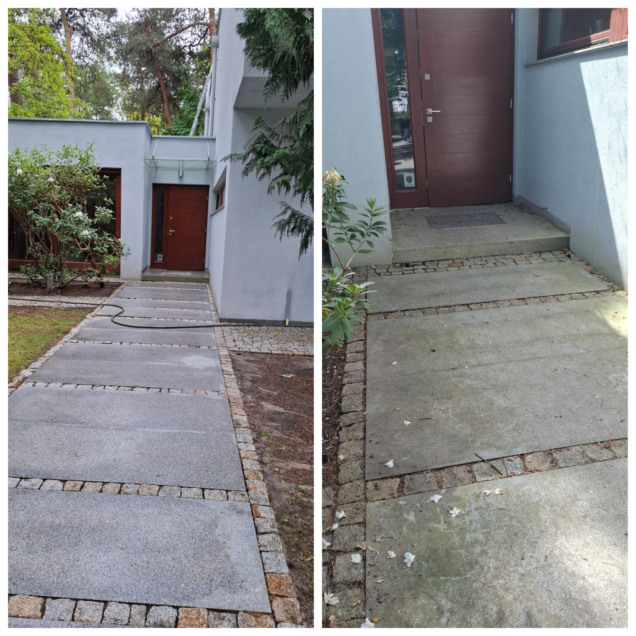 Porównanie kostki brukowej przed i po czyszczeniu; po lewej czysta szara kostka, po prawej brudna, zielonkawa. Widoczny fragment domu i roślinność.