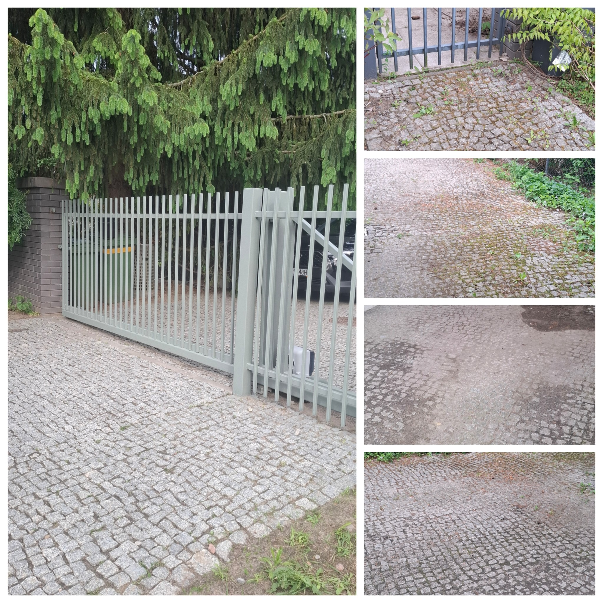 Szara, przesuwna brama z metalowymi sztachetami, widok na kostkę brukową. W tle zielony, rozłożysty świerk i kolaż z detali kostki brukowej.