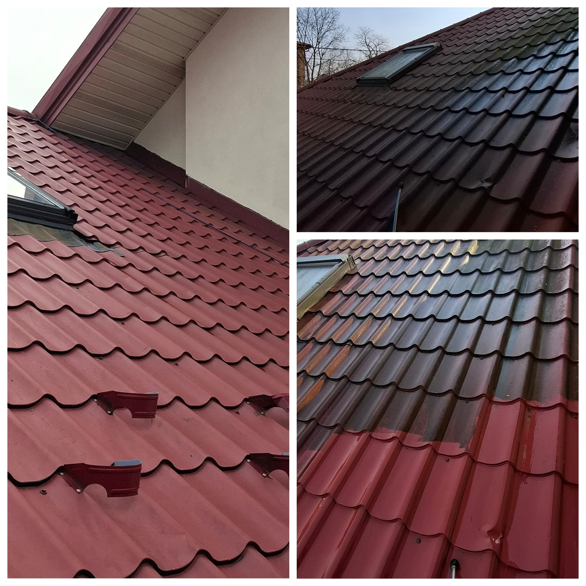 Czerwony dach z blachodachówki przed i po myciu, widoczne okno dachowe i rynny. Porównanie czystej i zabrudzonej powierzchni dachu. Prezentacja efektu mycia ciśnieniowego.
