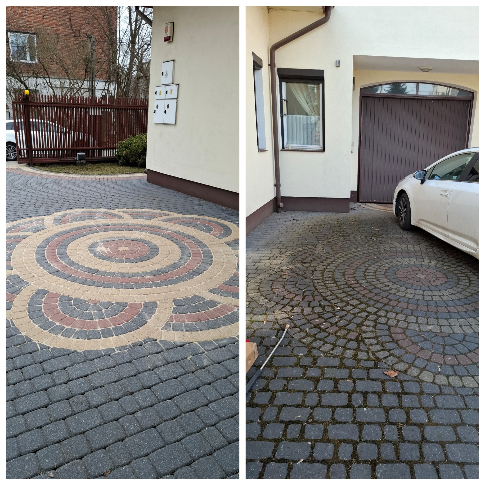 Porównanie kostki brukowej przed i po czyszczeniu: po lewej czysta, z wzorem w okręgi, po prawej zabrudzona, z widocznym wężem do myjki ciśnieniowej.