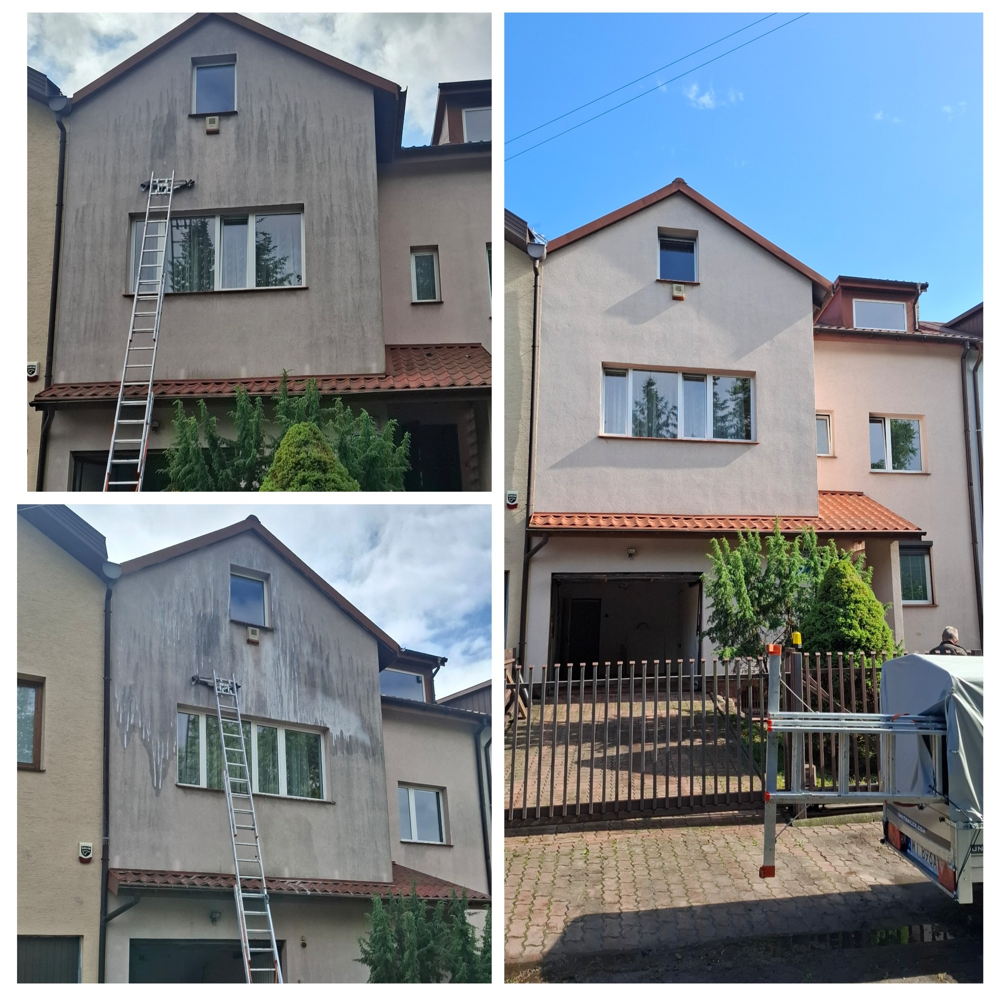 Zdjęcie elewacji domu przed i po umyciu. Po lewej brudna ściana z drabiną, po prawej czysta elewacja w słoneczny dzień. Widoczne różnice w kolorze i czystości.