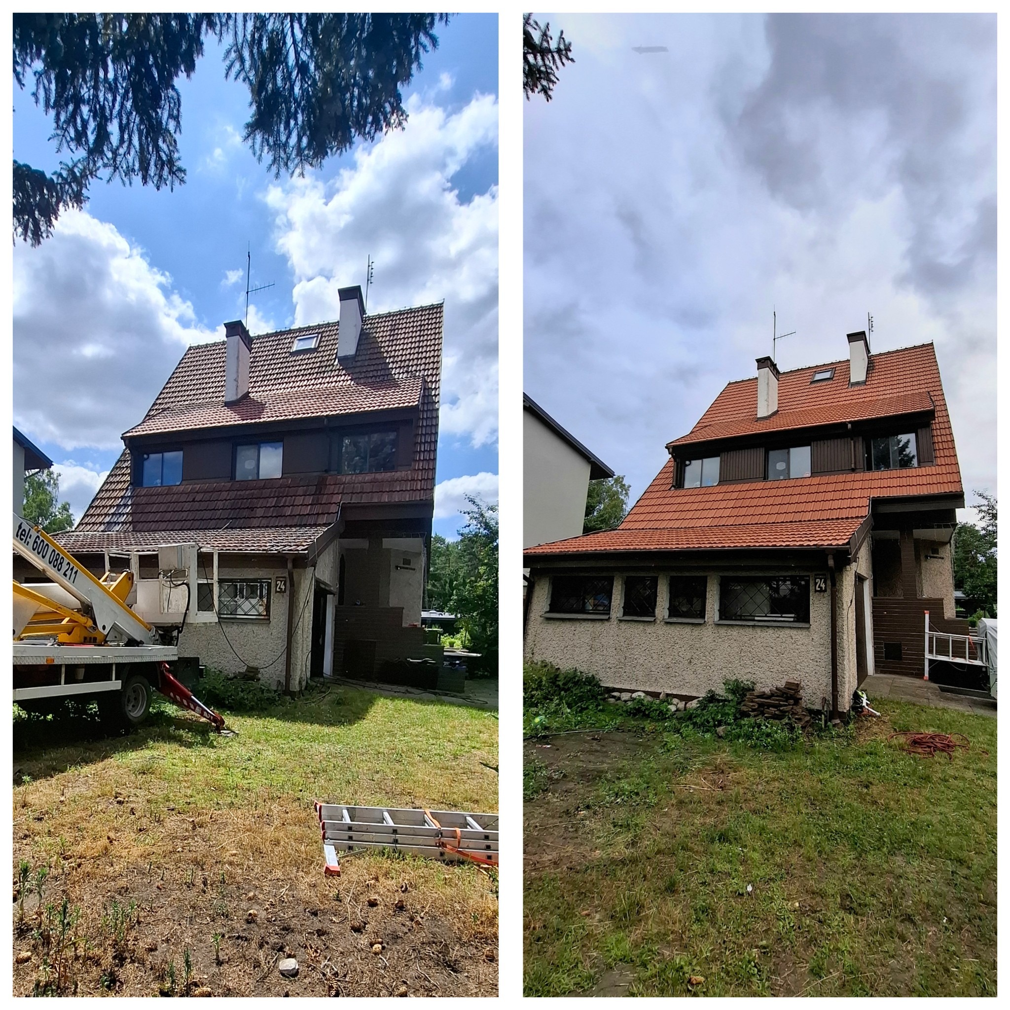 Zdjęcie 'przed i po' odnowionej elewacji domu z czerwoną dachówką. Po lewej stronie widoczny podnośnik koszowy, po prawej czysty budynek.