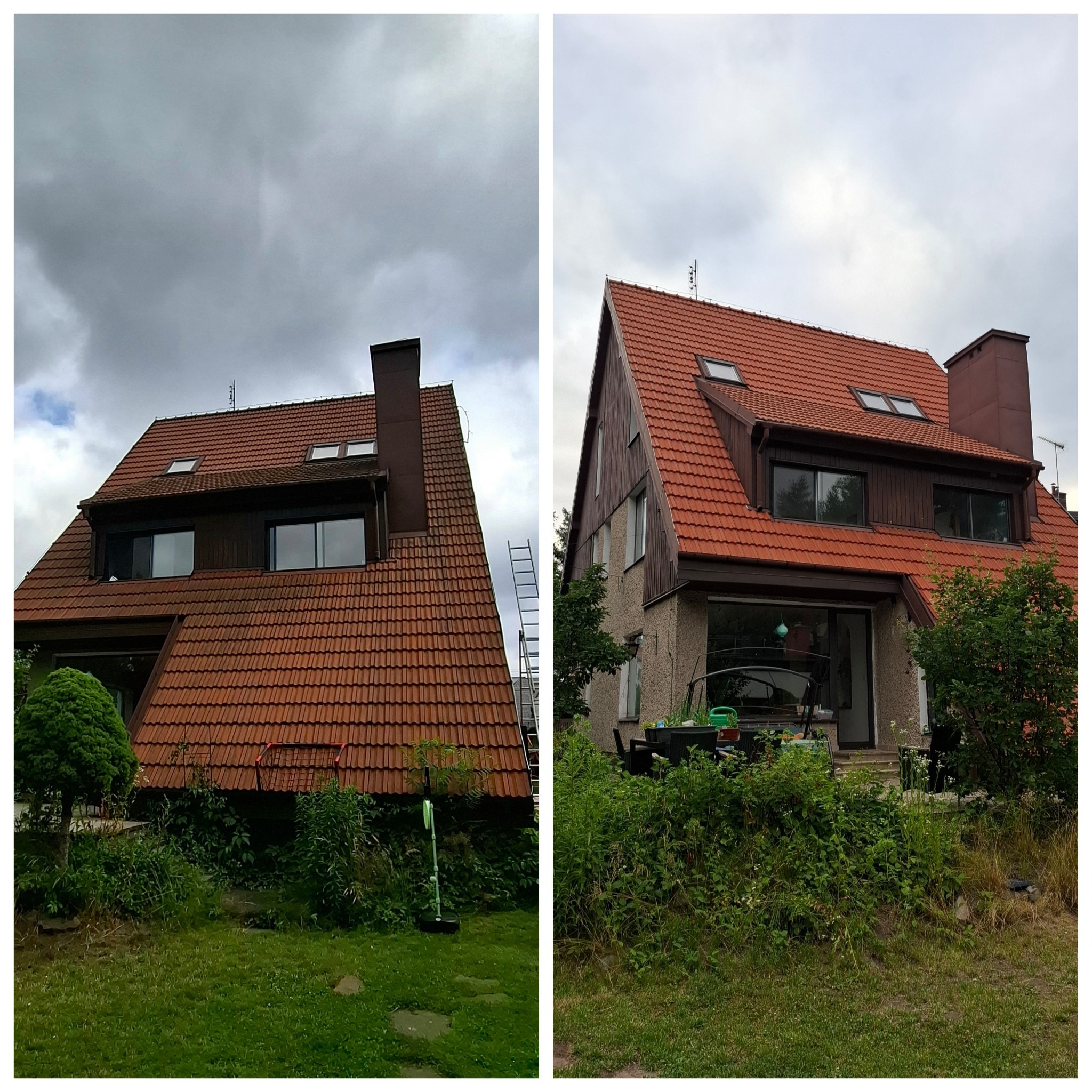 Zdjęcie 'przed i po' czyszczenia dachu z czerwonej dachówki i komina. Po prawej stronie widoczny efekt po umyciu, po lewej - stan przed czyszczeniem. Widoczne drabiny i zieleń.