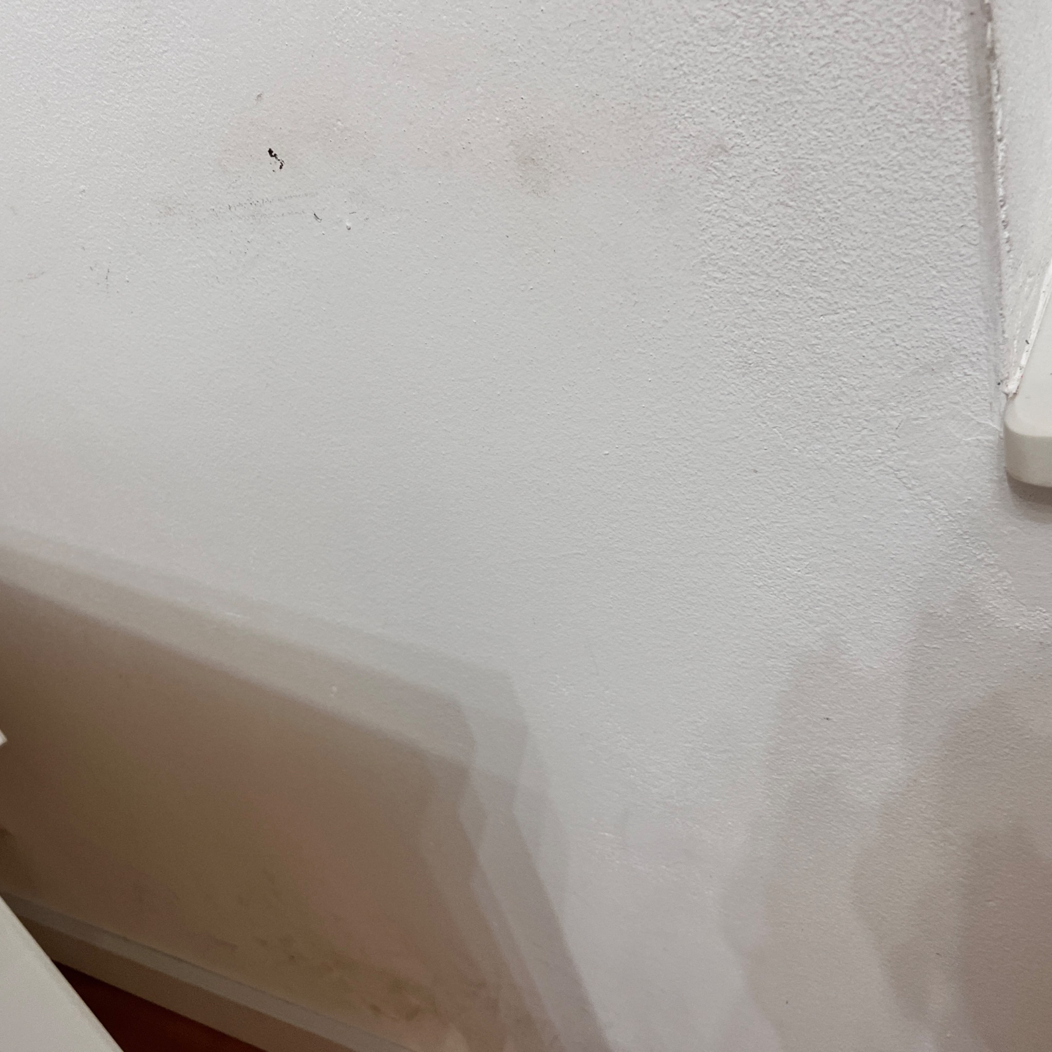 Świeżo pomalowana ściana w odcieniach bieli z widoczną fakturą i drobnymi niedoskonałościami oraz śladami po poprzednim malowaniu, w prawym górnym rogu widoczny fragment listwy przypodłogowej.