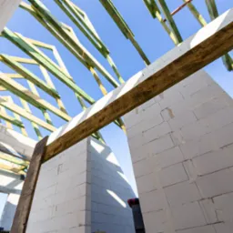 Wnętrze domu w trakcie budowy, ściany z białych bloczków, drewniane elementy konstrukcji dachu na tle błękitnego nieba.