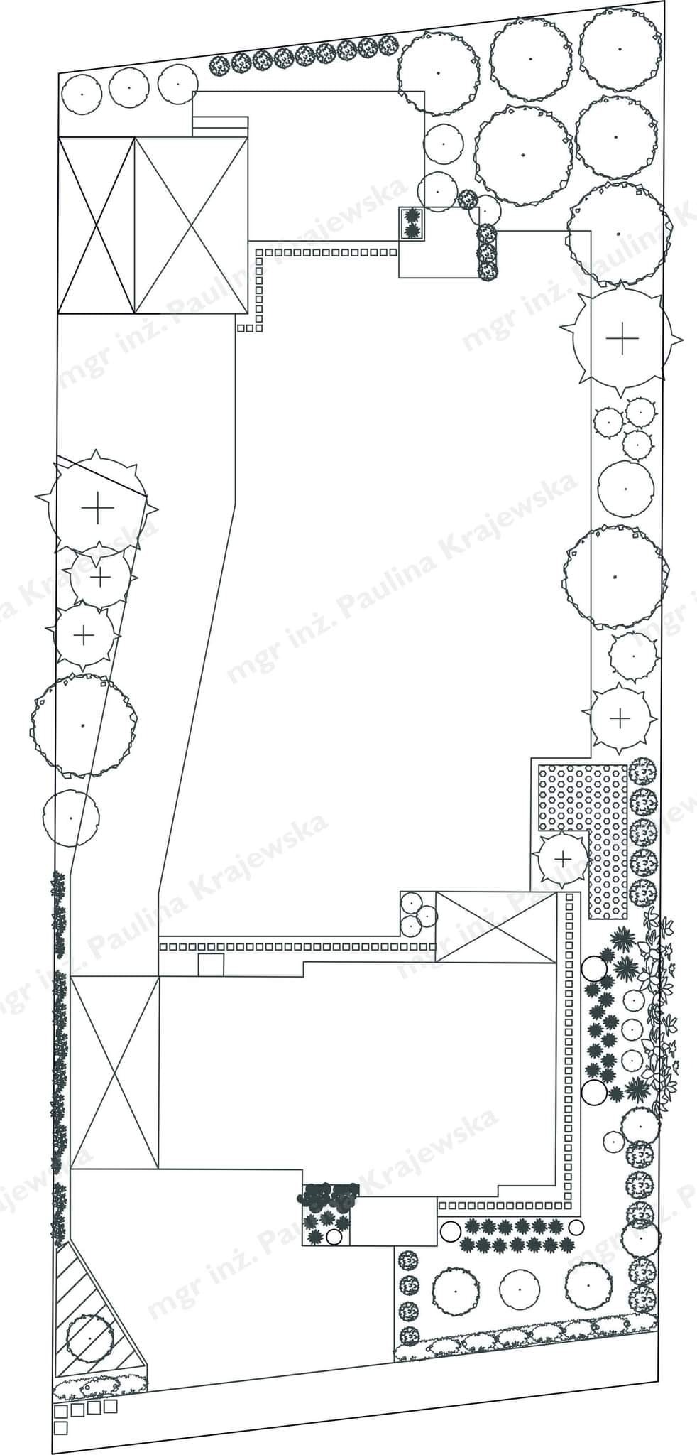 Czarno-biały plan zagospodarowania przestrzennego ogrodu z zaznaczonymi roślinami, ścieżkami i elementami architektonicznymi, zawierający sygnaturę mgr inż. Pauliny Krajewskiej.