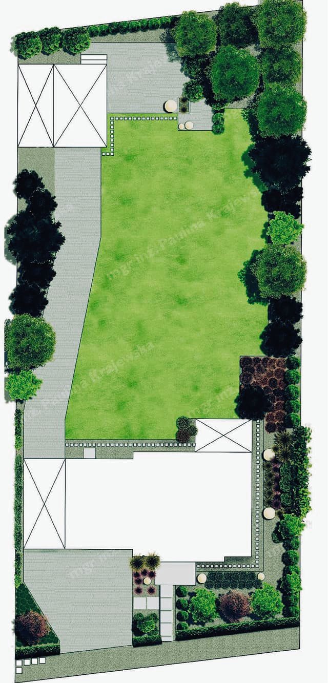 Plan zagospodarowania przestrzennego ogrodu widziany z góry, prezentujący układ trawnika, ścieżek, nasadzeń drzew i krzewów, z zaznaczeniem elementów architektonicznych budynku.