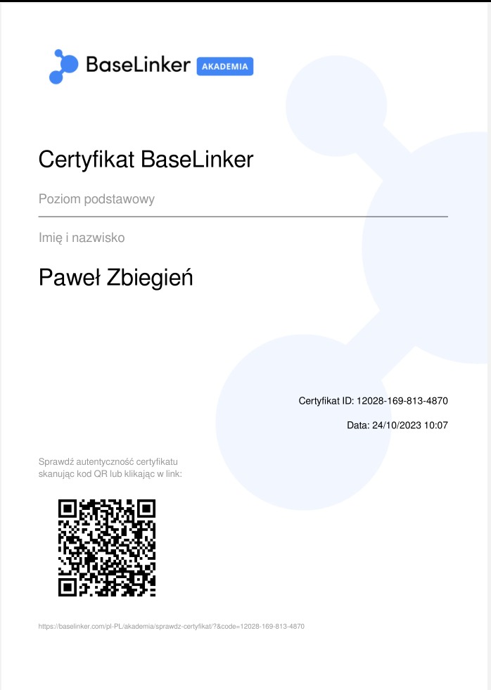Certyfikat Baselinker