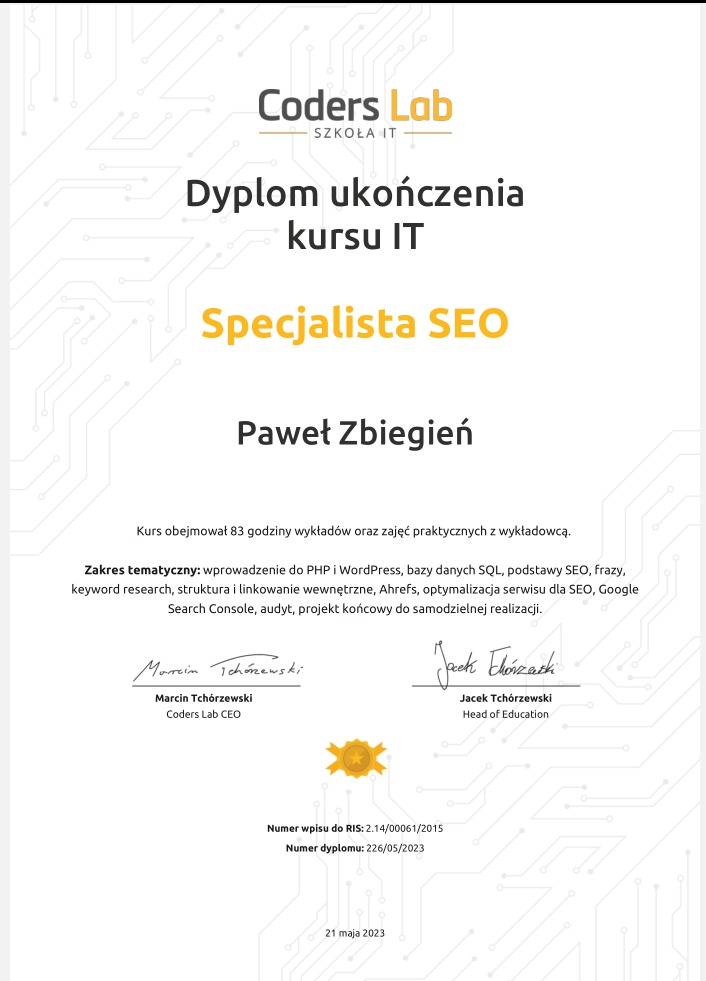 Dyplom ze szkolenia specjalista SEO
