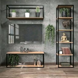 Weldingtiger - Loftowy zestaw mebli: półki wiszące, szafka RTV i regał z czarnymi metalowymi ramami i drewnianymi blatami, uzupełnione dekoracjami i roślinami na tle szarej ściany.