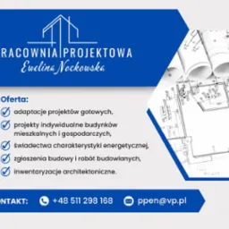 Grafika reklamowa pracowni projektowej Eweliny Nockowskiej z ofertą usług i zwiniętymi planami architektonicznymi w tle.