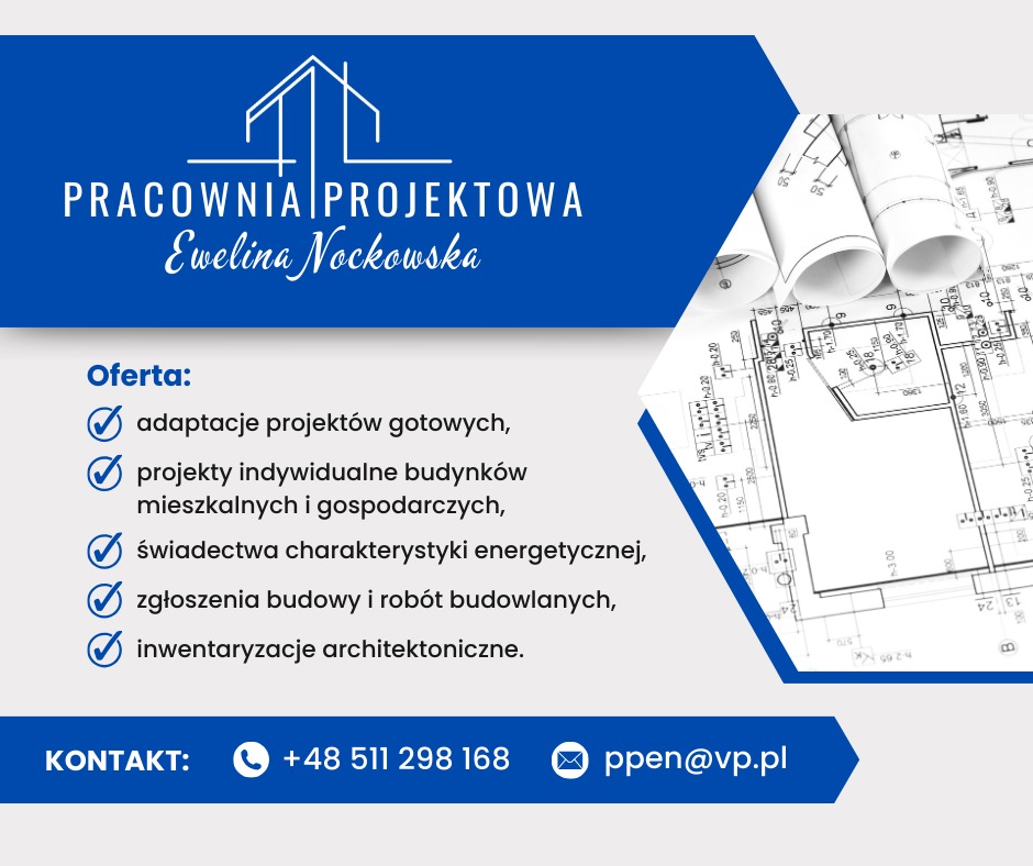 Grafika reklamowa pracowni projektowej Eweliny Nockowskiej z ofertą usług i zwiniętymi planami architektonicznymi w tle.