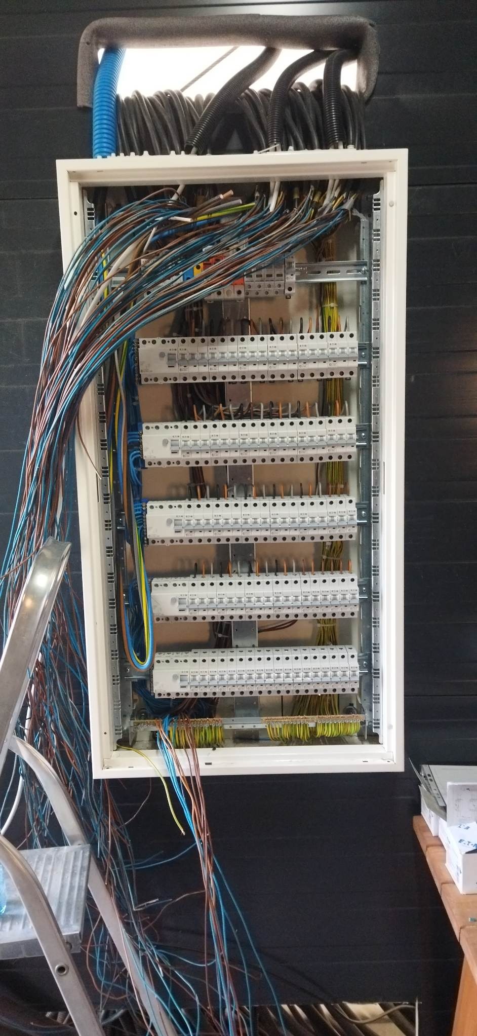 Rozdzielnica elektryczna w trakcie podłączania przewodów, widoczne liczne kable w różnych kolorach i zabezpieczenia, drabina oparta o ścianę.
