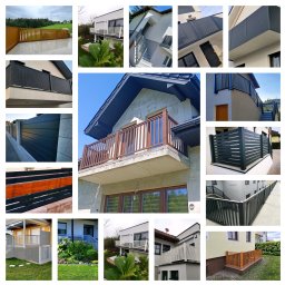 IronTech - Kompilacja zdjęć przedstawiających różnorodne balustrady balkonowe i ogrodzenia posesji: drewniane, metalowe, panelowe, betonowe, w różnych kolorach i stylach, z widocznymi elementami...