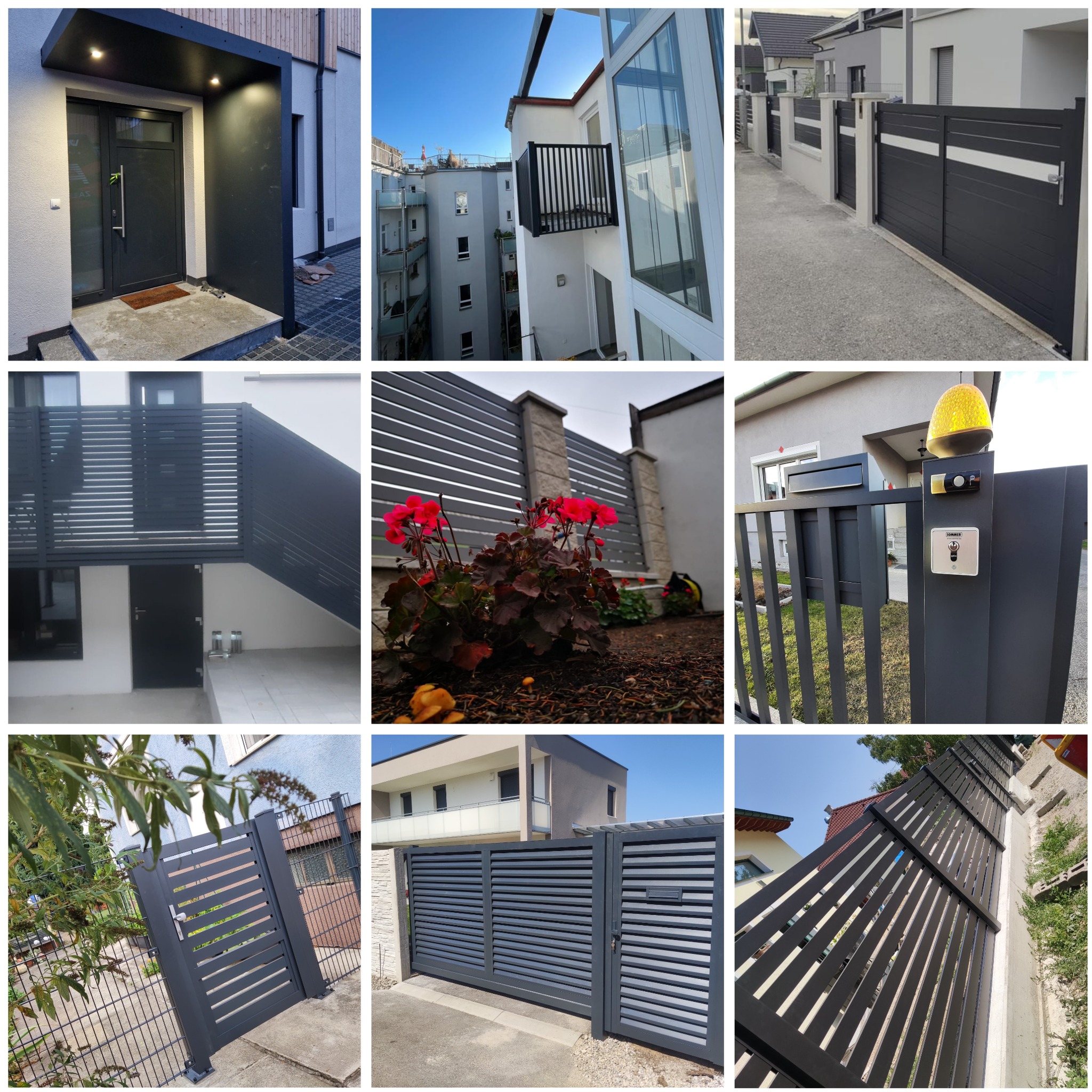 Kompilacja zdjęć przedstawiających różne typy nowoczesnych ogrodzeń i bram wjazdowych, głównie metalowych o minimalistycznym designie, z elementami automatyki i różnymi wykończeniami.