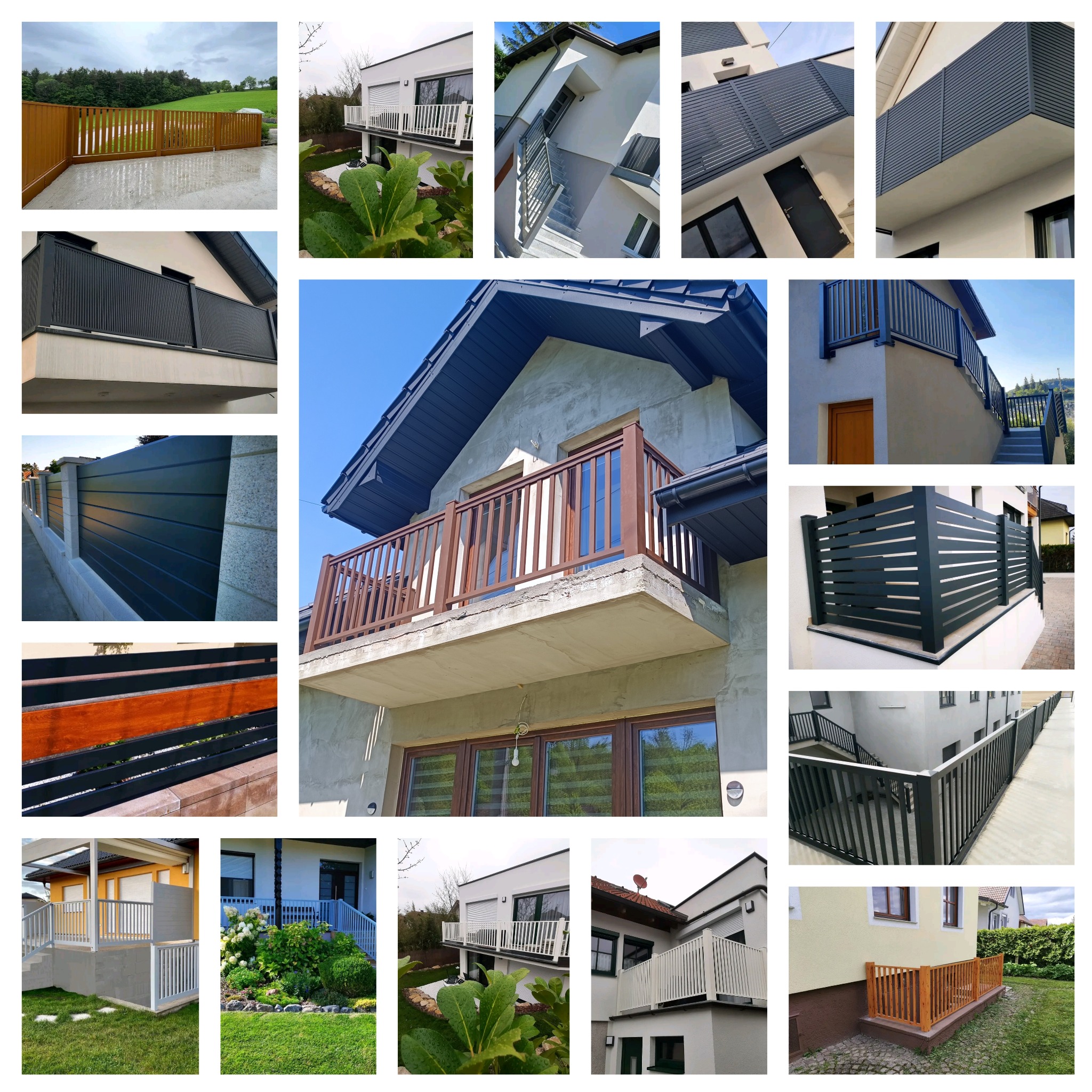 Kompilacja zdjęć przedstawiających różnorodne balustrady balkonowe i ogrodzenia posesji: drewniane, metalowe, panelowe, betonowe, w różnych kolorach i stylach, z widocznymi elementami...