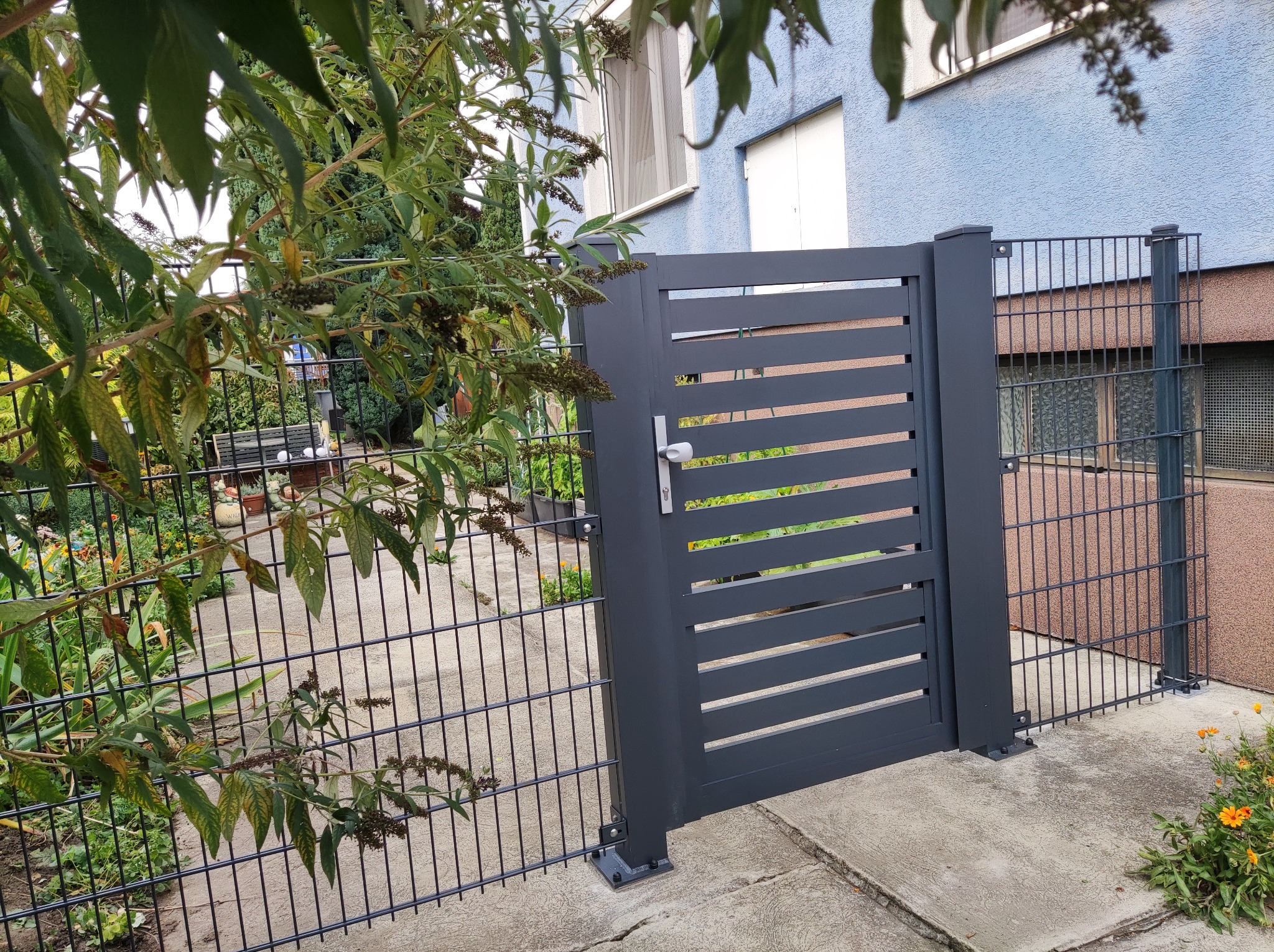 Nowoczesna, grafitowa furtka z poziomymi panelami, wkomponowana w ogrodzenie z siatki, z widocznym fragmentem domu w tle i kwitnącym krzewem w pierwszym planie.