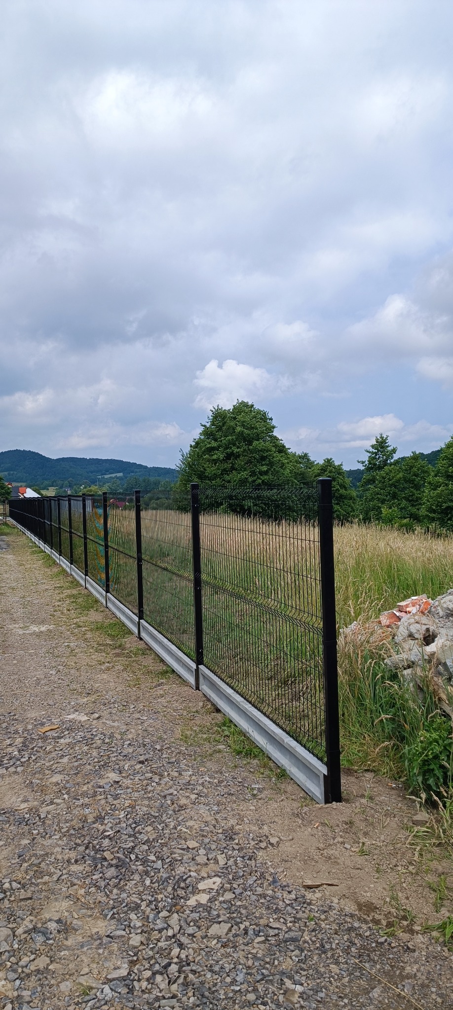 Długi odcinek czarnego ogrodzenia panelowego z podmurówką betonową, widok z perspektywy gruntu, za ogrodzeniem wysoka trawa i drzewa, w tle wzgórza.