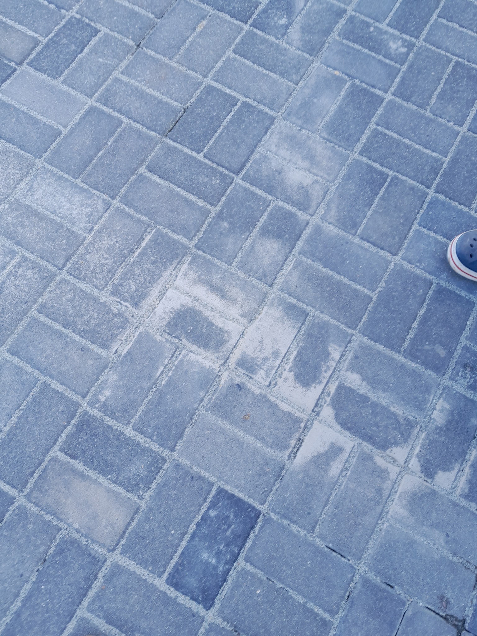 Ułożona, szara kostka brukowa w jodełkę, z widocznym fragmentem niebieskiego buta w prawym górnym rogu.