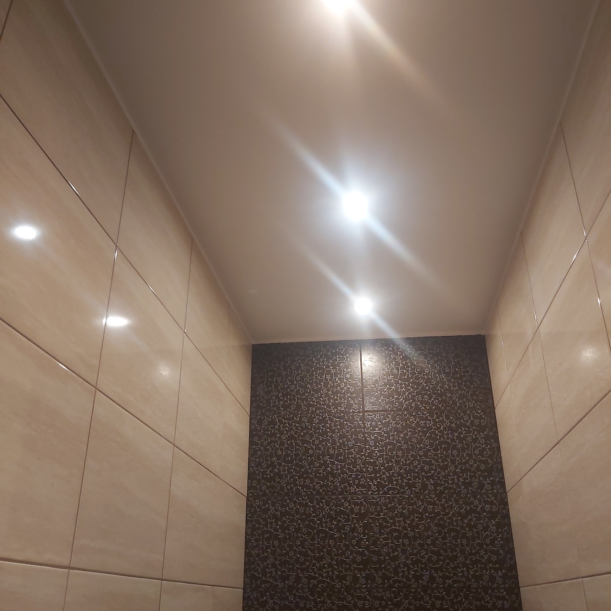 Wykończona łazienka z beżowymi płytkami na ścianach i dekoracyjną, ciemną ścianą z motywem roślinnym, oświetlona punktowymi lampami sufitowymi.