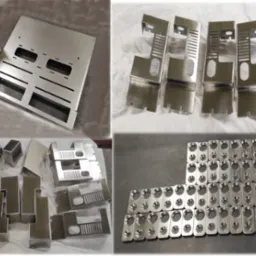 Różnorodne, precyzyjnie wycięte i obrobione elementy metalowe, w tym blachy z otworami i gięte kształty, ułożone na szarym tle. Widoczne ślady obróbki i polerowania.