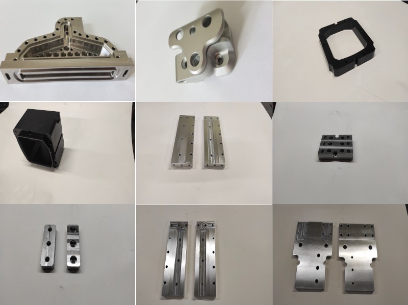 Kolekcja dziewięciu precyzyjnie obrobionych, metalowych i plastikowych komponentów na białym tle, ukazująca różnorodność kształtów i detali wykonanych metodą CNC.