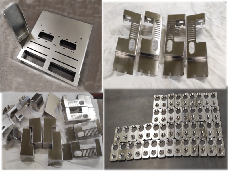 Różnorodne, precyzyjnie wycięte i obrobione elementy metalowe, w tym blachy z otworami i gięte kształty, ułożone na szarym tle. Widoczne ślady obróbki i polerowania.