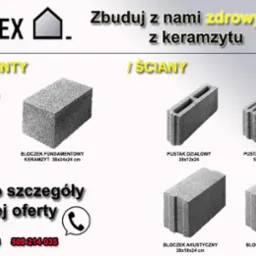 Prezentacja bloczków z keramzytu firmy Betomex, w tym bloczki fundamentowe, działowe, ścienne oraz akustyczne o różnych wymiarach.
