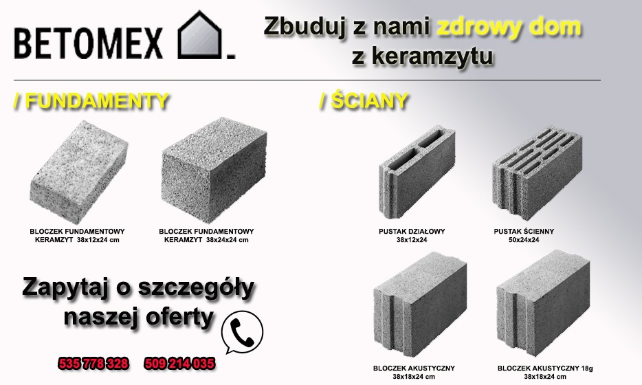 Prezentacja bloczków z keramzytu firmy Betomex, w tym bloczki fundamentowe, działowe, ścienne oraz akustyczne o różnych wymiarach.