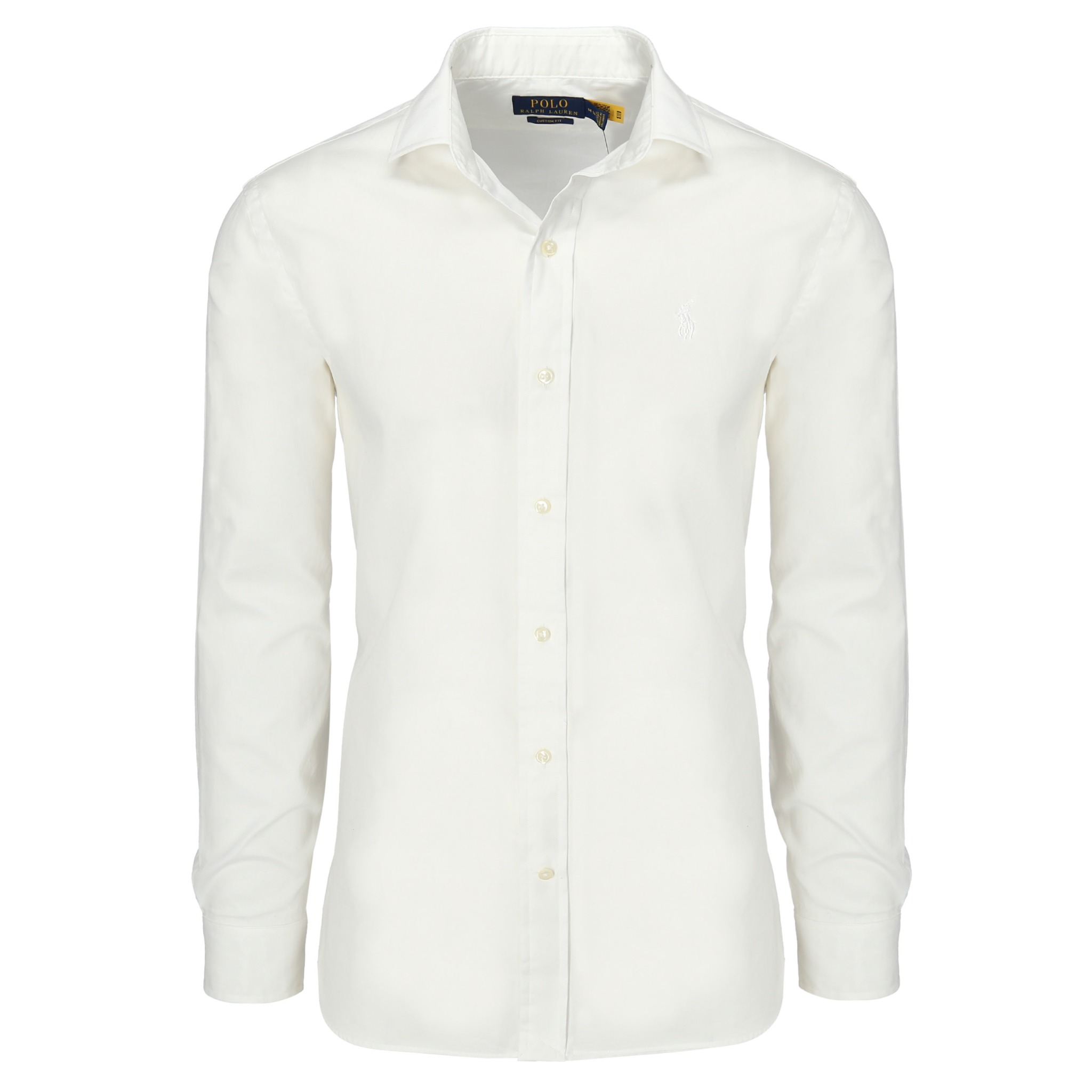 Biała, rozpięta koszula męska marki Polo Ralph Lauren z długim rękawem, widoczne logo marki na piersi i metka przy kołnierzu, na białym tle.