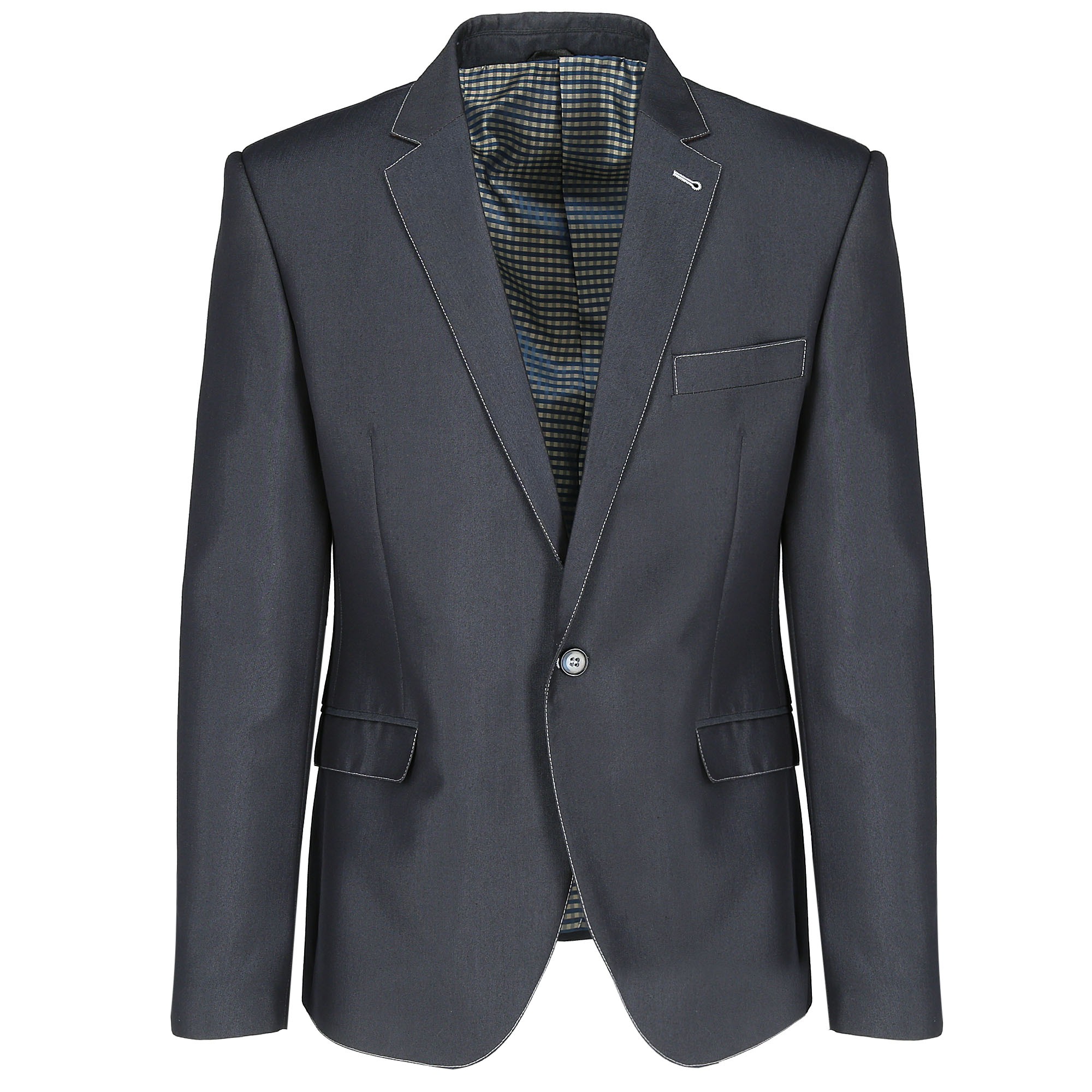 Szary męski blezer z białą stebnówką, widoczna podszewka w kratę i ozdobny pin przy klapie, na białym tle.
