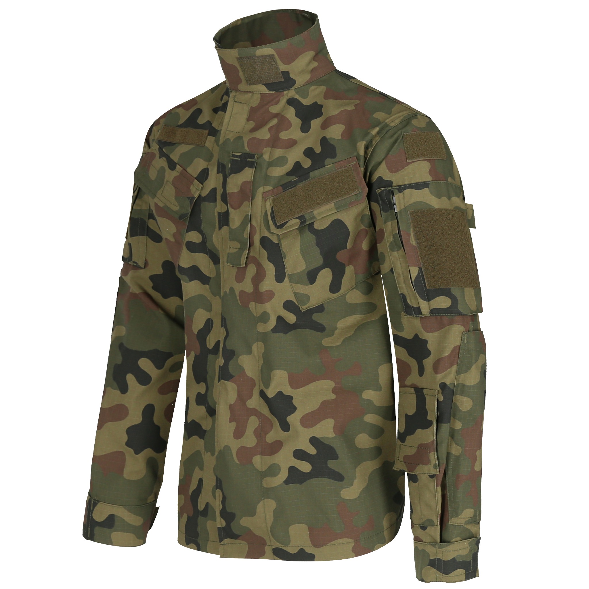 Koszula taktyczna w kamuflażu moro z kieszeniami na ramionach i piersi, zapinana na zamek i rzepy.