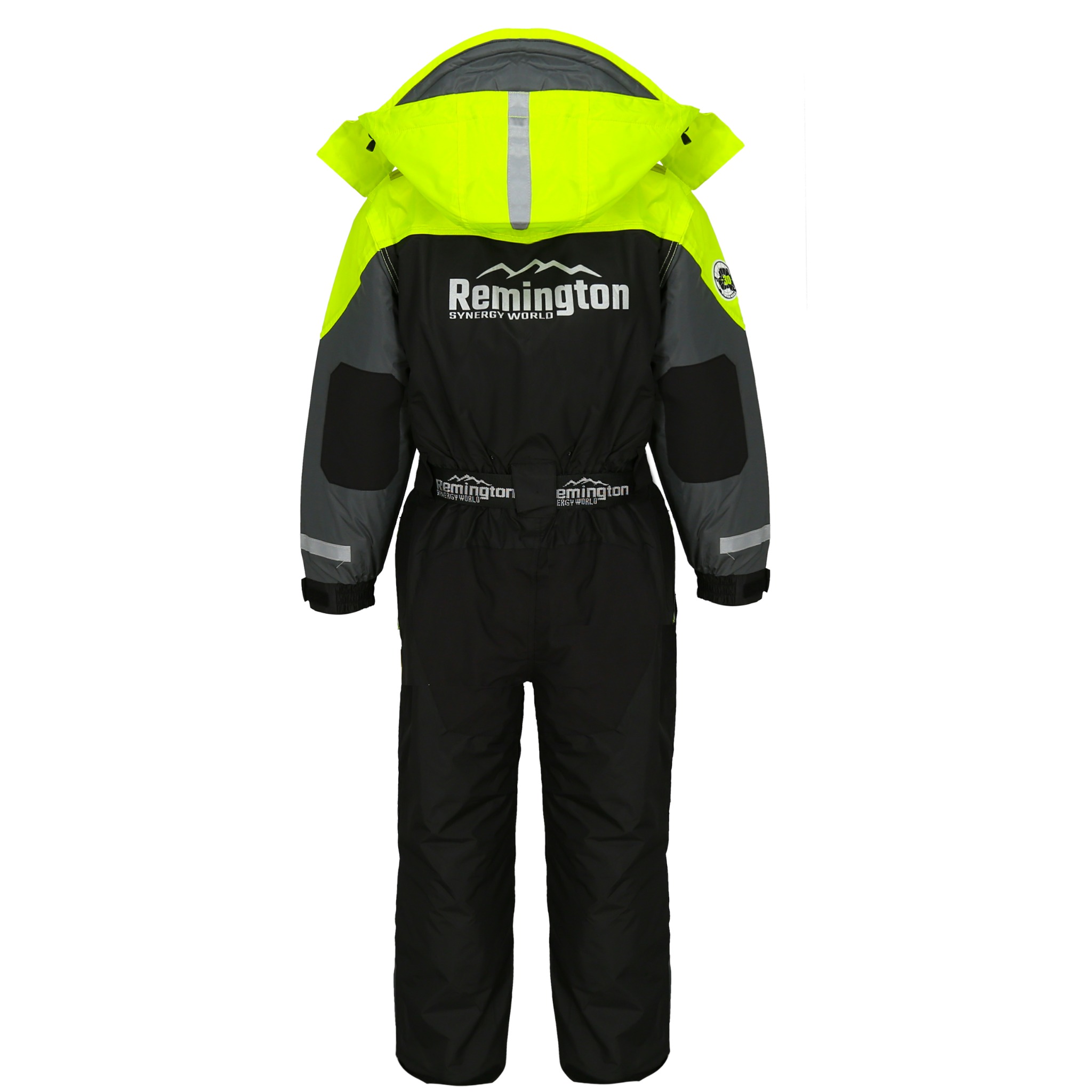 Kombinezon zimowy w kolorze czarnym, szarym i neonowo żółtym, z kapturem i logo 'Remington Synergy World', widoczny na białym tle.