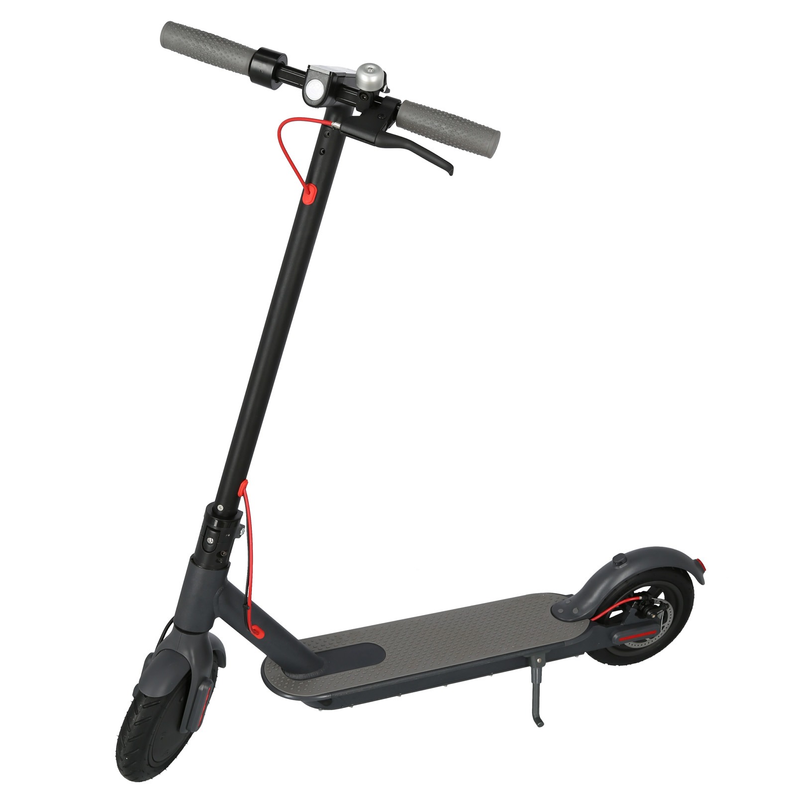 Składana hulajnoga elektryczna w kolorze grafitowym, widok z boku, z widoczną kierownicą, hamulcem, dzwonkiem i czerwoną linką hamulcową, na białym tle.